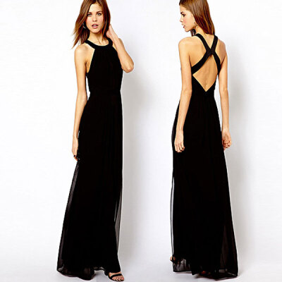 

Lovaru ™New 2015 fashion Cultivate one's morality show thin backless long mop chiffon dress sexy straps pure color dress