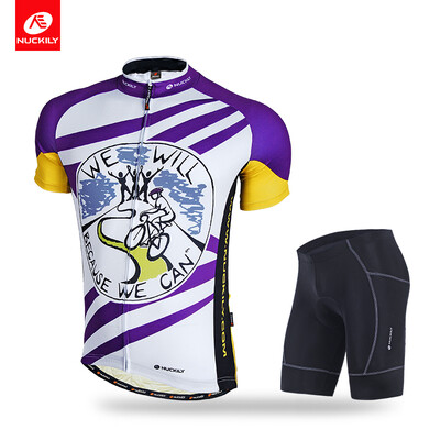 

NUCKILY Mens summer cycling clothing polyester jersey with short purple stripe set