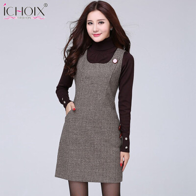 

2017 Autumn Winter Woolen vintage Midi Dress New Vest Plus Size Plaid Dress Houndstooth Slim Sexy Office Women Red Gray Vestidos