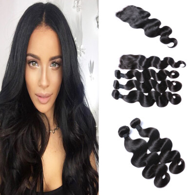 

8A Brazilian Body Wave 3PCS Hair Weaves With Top Lace Closure Natural Color Hair Bundles Brazilian Peruvian Remy Human Hair Exten