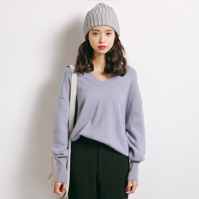 

City plus CITYPLUS 2017 autumn&winter new women&39s art V-neck long sleeve loose casual wild sweater sweater sweater CWYC179361 fog blue uniform