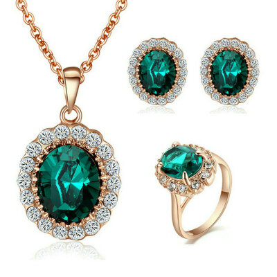 

Yoursfs® 18K Rose Gold Plated Fully-jewelled Simulated Emerald Necklace Ring And Earring Jewelry Use Austrian Crystal Bridal Set