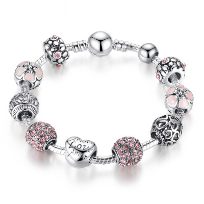 

Baffin Antique Silver Charm Beads Bracelet & Bangle with Love and Flower Crystal Ball Women Wedding Valentine's Day Gift