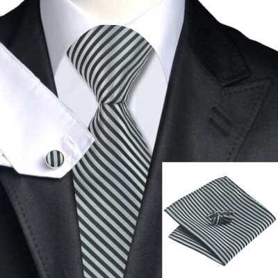 

N-0915 Vogue Men Silk Tie Set Gray Stripe Necktie Handkerchief Cufflinks Set Ties For Men Formal Wedding Business wholesale