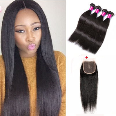 

3 Bundles Peruvian Straight Virgin Hair With 4x4 Lace Closure 100% Unprocessed Human Hair Weave Free Shipping (Middle Part