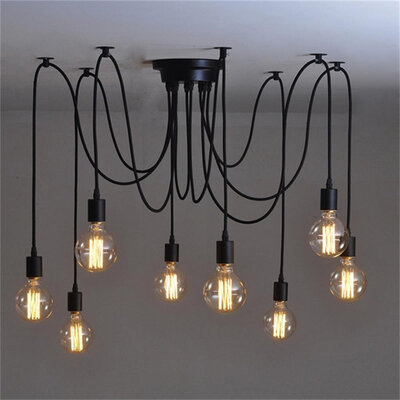 

BOKT Vintage Edison Multiple Ajustable DIY Pendant Spider Lights Ceiling Light Fixtures Metal Chandeliers LightingBlack 8-light