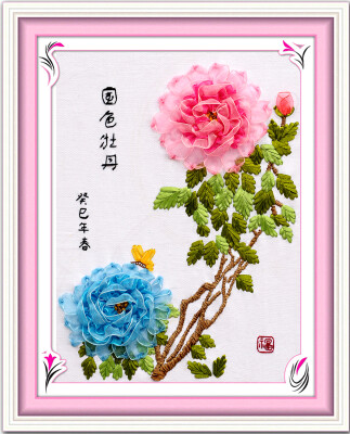 

color xuan Pure handmade silk ribbon embroidered hanging paintings living room new peony Fu 3D printed cross stitch simple modern