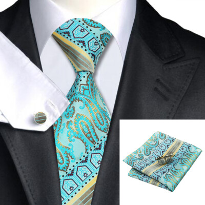 

N-0333 Vogue Men Silk Tie Set Blue Novelty Necktie Handkerchief Cufflinks Set Ties For Men Formal Wedding Business wholesale