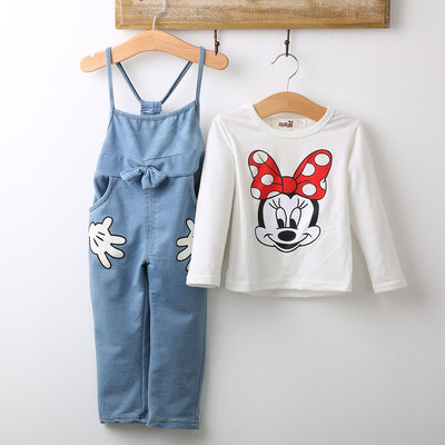 

Girls Baby Minnie Long Sleeve Tops T-shirt Denim Bib Pants 2pcs Outfits Set 1-5Y