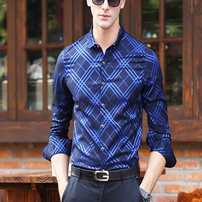 

2017 autumn new shirt men's lattice fight color long-sleeved middle-aged men shirt light luxury business casual men's clothing