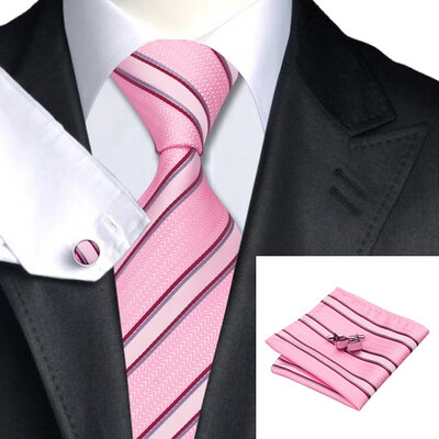 

N-0295 Vogue Men Silk Tie Set Pink Stripe Necktie Handkerchief Cufflinks Set Ties For Men Formal Wedding Business wholesale