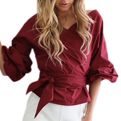 

Sexy Women Off Shoulder V Neck Shirts Puff Sleeve Cross Slim Blouse Solid Tops