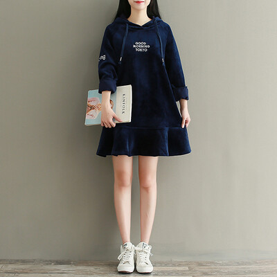 

City plus CITYPLUS 2017 winter new art women&39s wild velvet hooded sweater loose long sleeve dress CWQZ179554 navy blue