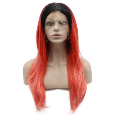 

Long Straight Red Pink Ombre Lace Front Halloween Wig Party