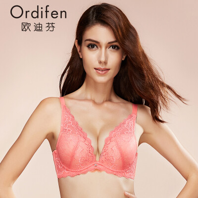 

Ou Difen sexy lace comfort triangle cup deep V gather water bag small bra bra underwear XB6147 Shuguang Orange B70