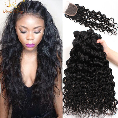 

Queen Berry 7A Peruvian Virgin Hair Water Wave With Closure Unprocessed Natural Color Virgin Hair 4 Bundle with Closure