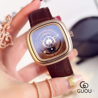 

GUOU Brand Luxury Quartz Watch Women Leather Strap Watches Ladies Unique Design Wristwatch