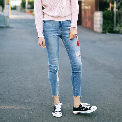 

And with pure Raincun N2319 embroidered jeans female nine pants tight elastic edge pencil pants blue 26