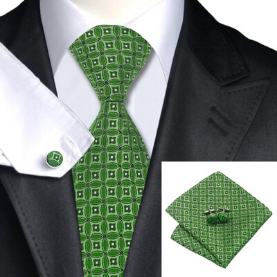 

N-1051 Vogue Men Silk Tie Set Green Novelty Necktie Handkerchief Cufflinks Set Ties For Men Formal Wedding Business wholesale