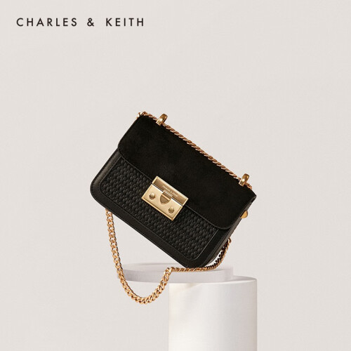 CHARLES＆KEITH单肩包CK2-80700798编织格纹饰女士链条小方包 Black Textured黑色纹理 S