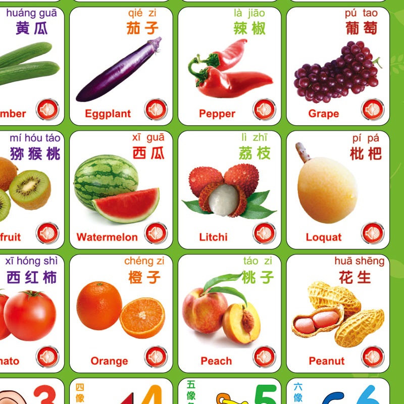 Leleyu pronunciation audio wall chart children's toys baby learning machine early education literacy audio card children's enlightenment cognitive learning toys vegetables and fruits