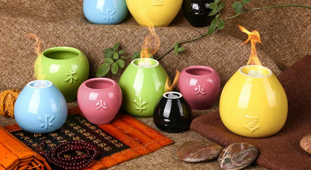 五行火罐咖色彩色大口吸力陶瓷拔火罐院专用拔罐复古家用火罐2号咖色