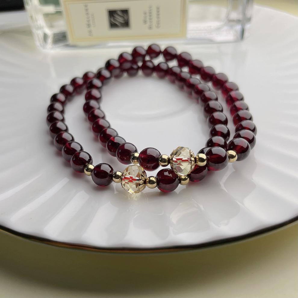 红石榴手链女酒红色石榴石切面黄水晶手串红色宝石水晶美容 8mm石榴石