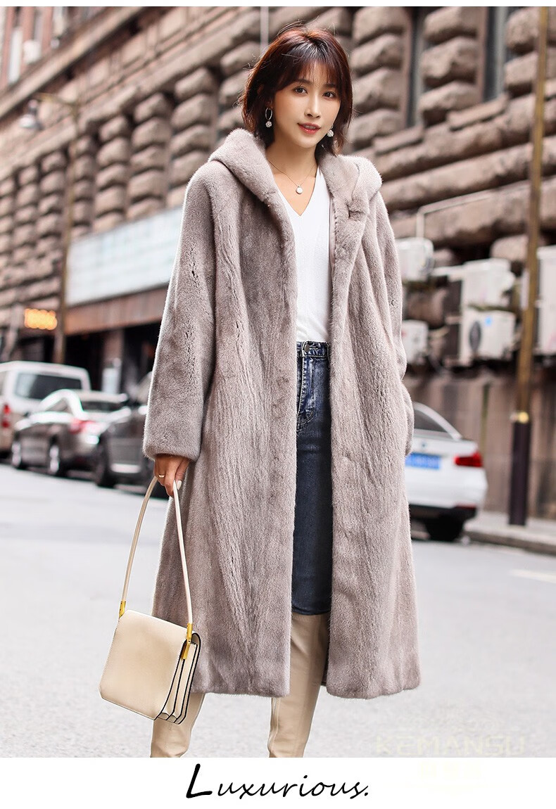 珂曼苏品牌女装貂皮大衣女带帽进口水貂长款整貂女貂皮草外套2019冬季