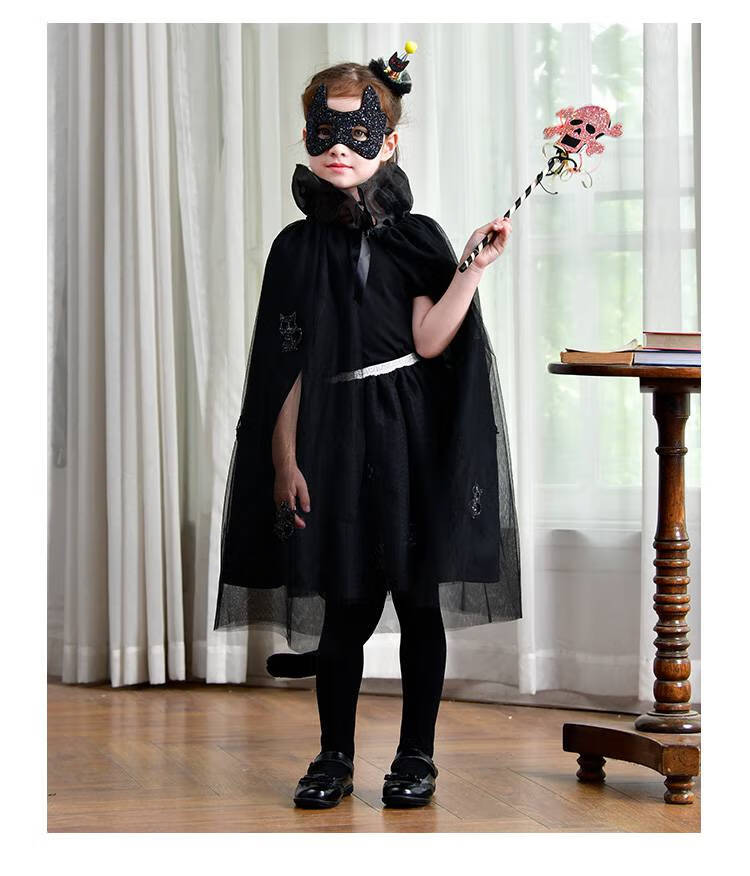 儿童万圣节 幼儿园演出服cosplay女童猫咪黑色女巫披风斗篷表演服 粉