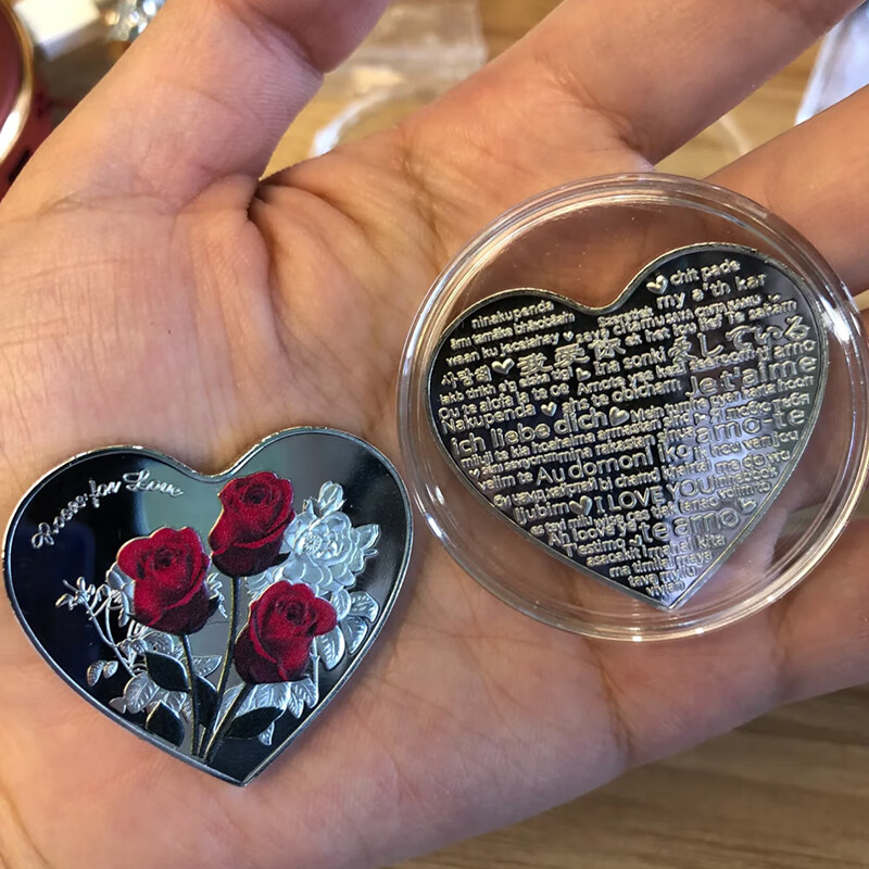 心形纪念章 爱心形红色玫瑰花纪念币章七夕情人节创意生日礼物送女