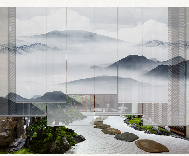 半透明山水画卷帘窗帘卷拉式办公室屏风悬挂式遮光隔断电动 z758_新