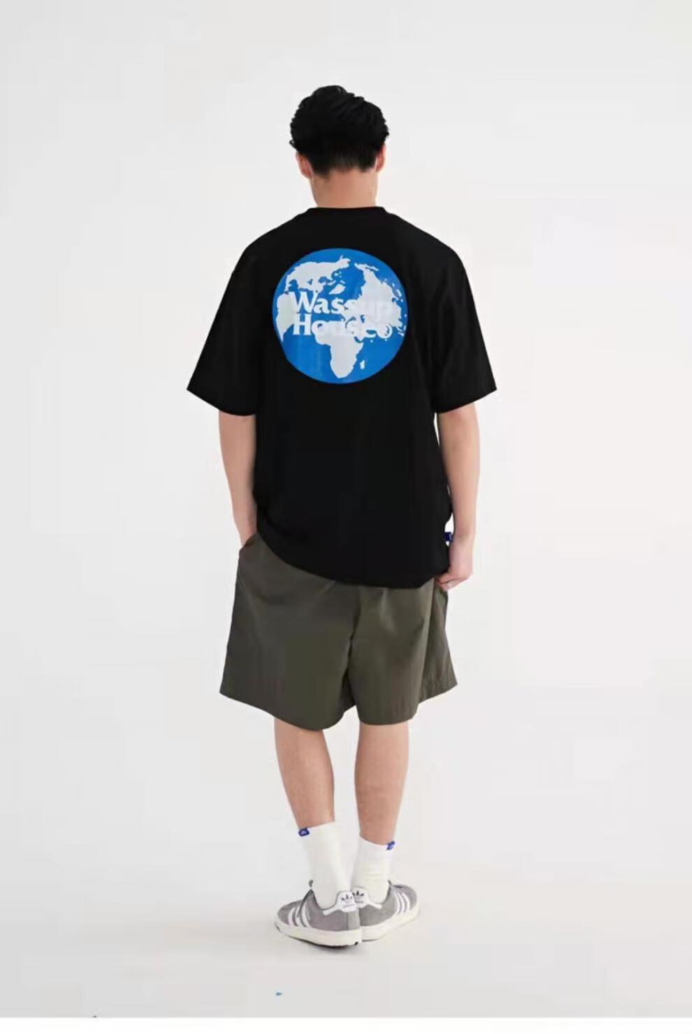 国潮短袖新款圆领地球印花休闲全棉tee简约宽松情侣t恤wassup黑色xl