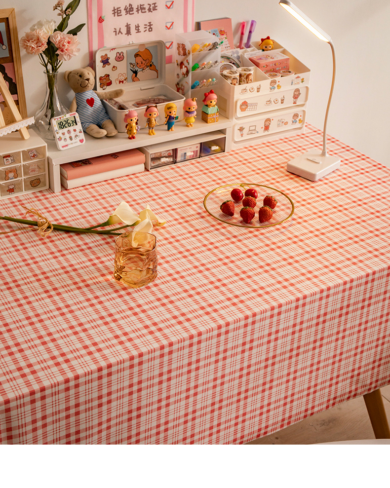 桌布风学生书桌宿舍少女心卧室长方形台布日系格子小清新桌垫朵玛粉色