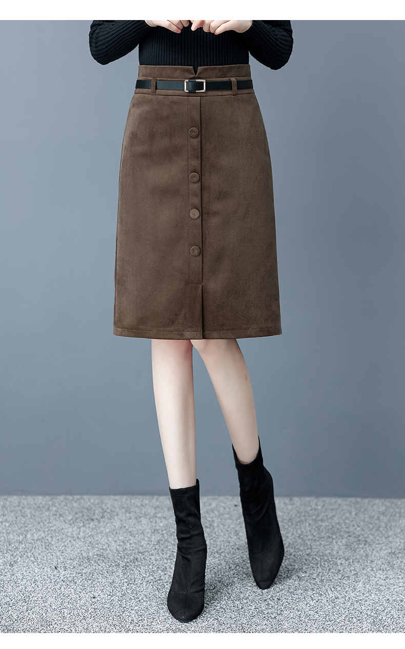 丝特雅毛呢半身裙女2019秋冬新款高腰时尚开叉气质显瘦a字裙 咖啡色 l