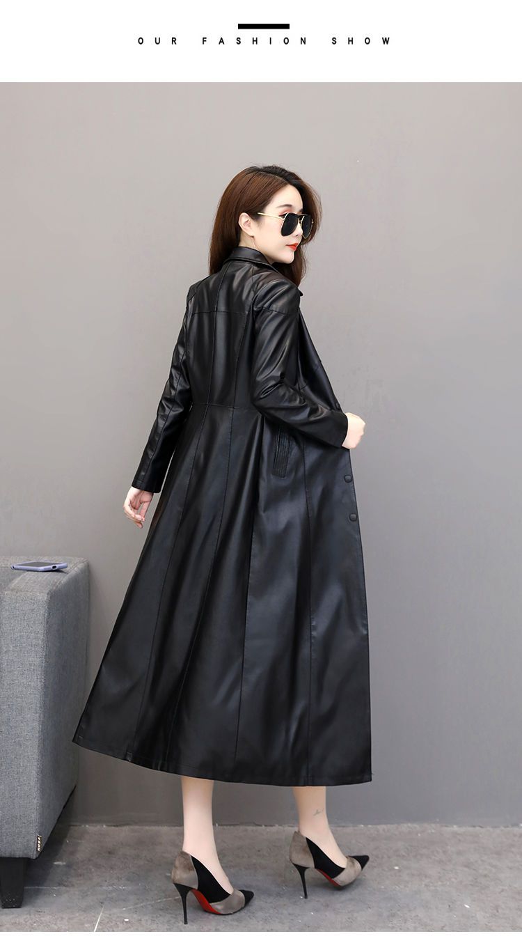 新款皮衣长款皮衣女春秋装韩版过膝风衣修身显瘦中长款女皮衣外红色m