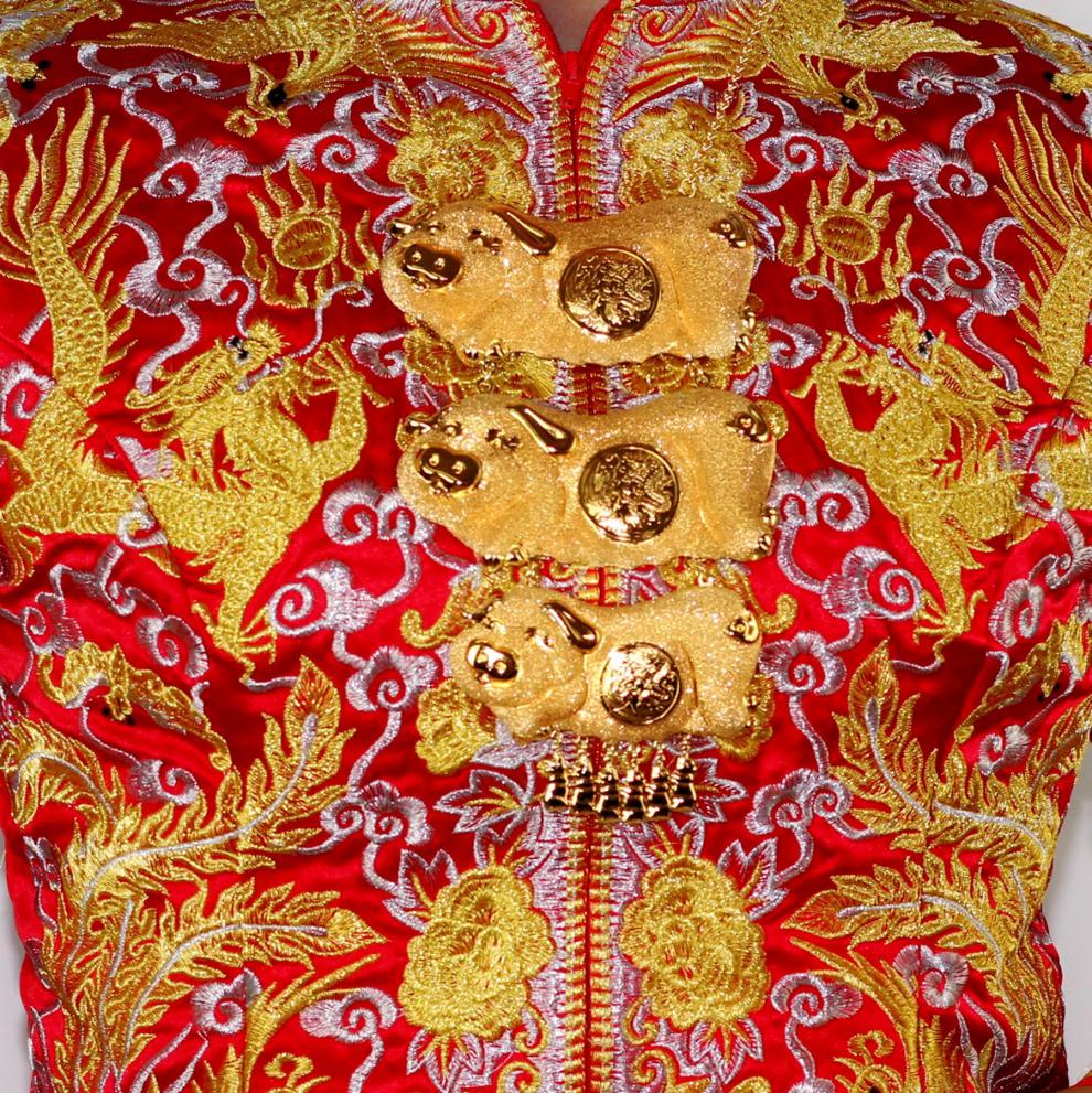 经典霸气三层金猪牌镀金项链新娘结婚陪嫁首饰磨砂光面龙凤猪吊坠