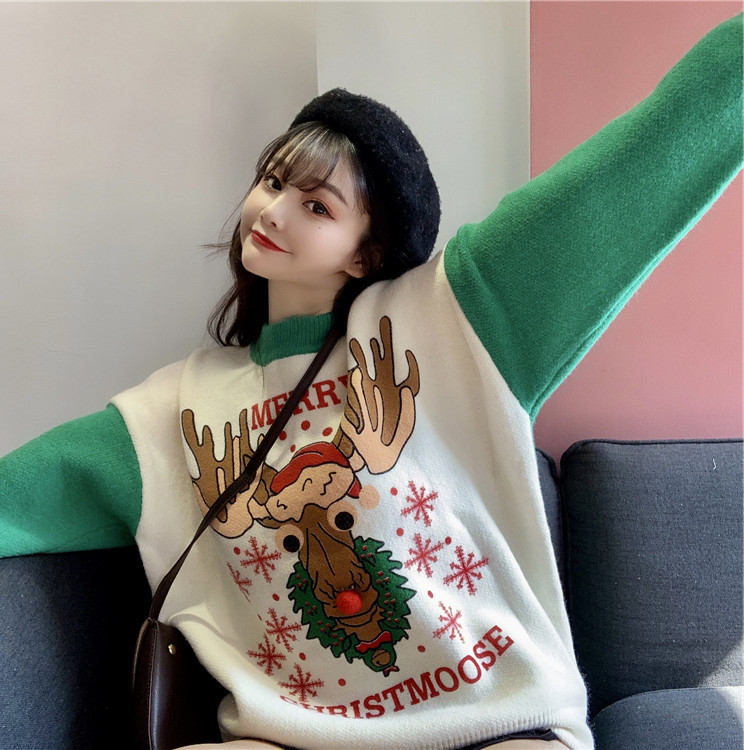 冬上新爆款圣诞节红色毛衣女情侣装麋鹿韩版慵懒复古风秋冬季针织上衣