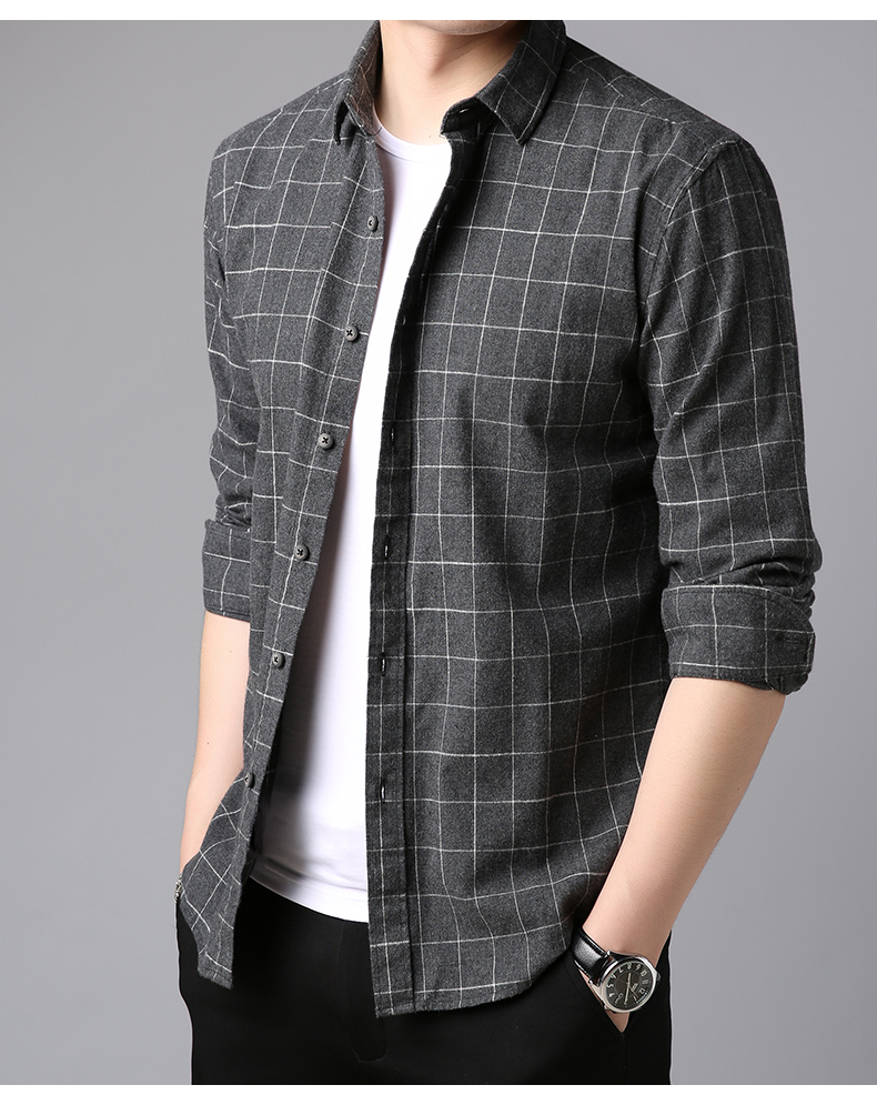 花花公子长袖衬衫男韩版格子衬衫男士春秋长袖纯棉衬衣男休闲青年潮寸