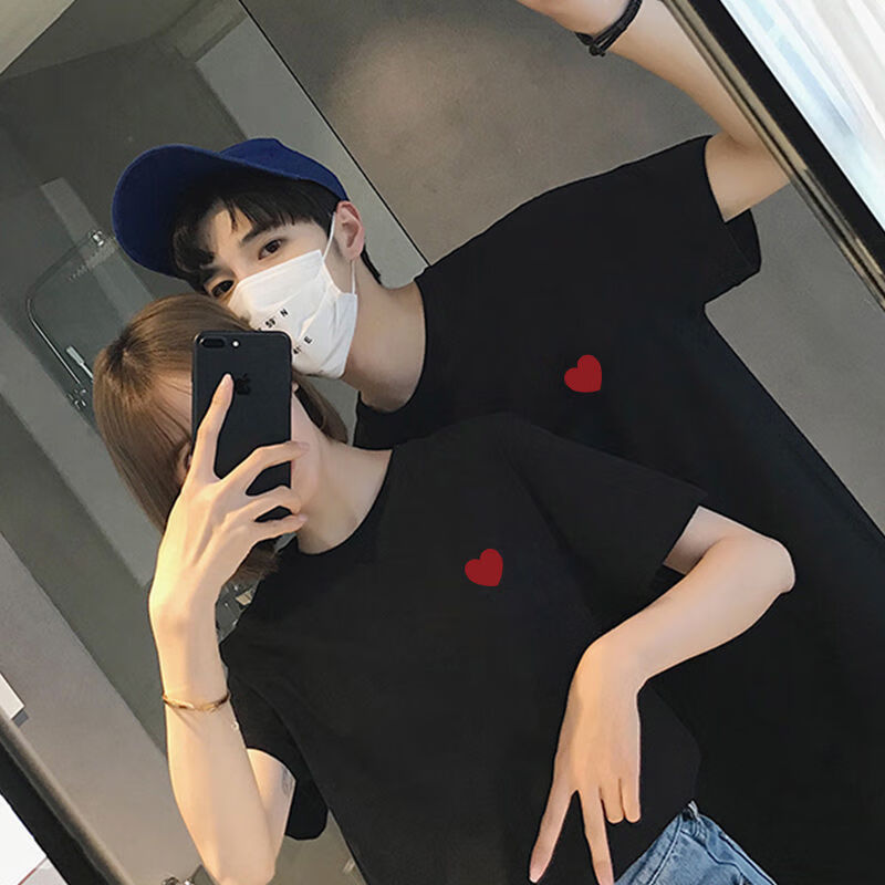 情侣短袖t恤韩版宽松潮上衣大码班服短袖女t恤椰树女白男黑两件女s男s