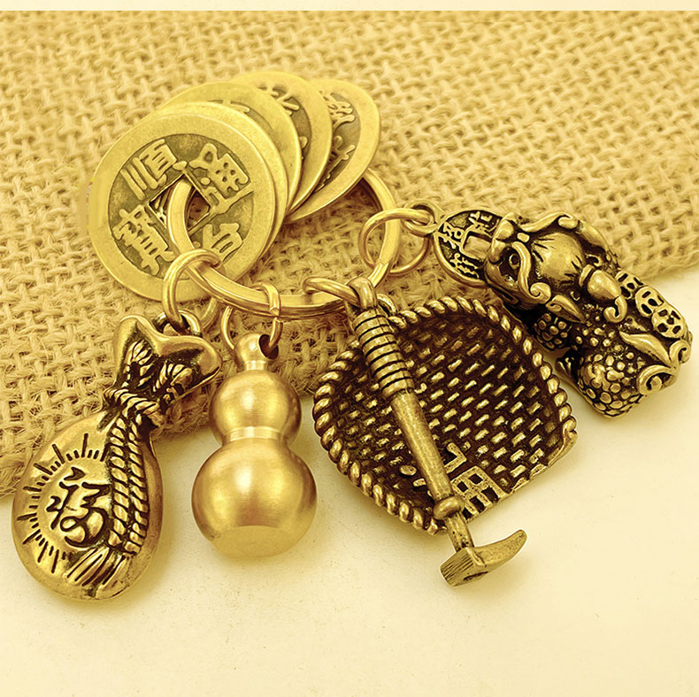葫芦铜挂件黄铜五帝钱汽车钥匙扣黄铜葫芦钥匙链挂件十二生肖男女转运