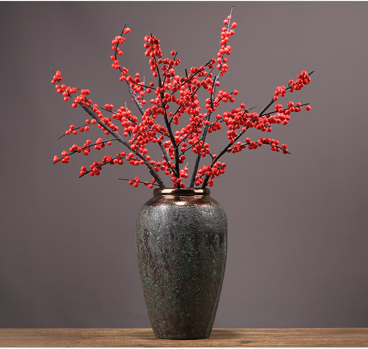 哲捷轻奢新中式陶瓷花瓶新年冬青果客厅桌面样板间玄关餐桌酒柜红果
