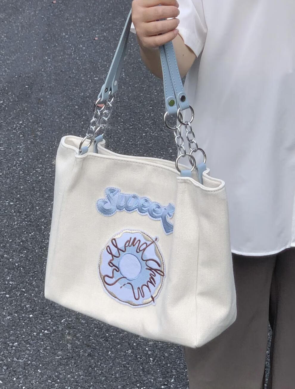 易梦玲同款帆布包 易梦玲同款刺绣字母帆布大容量托特包包女单肩腋下