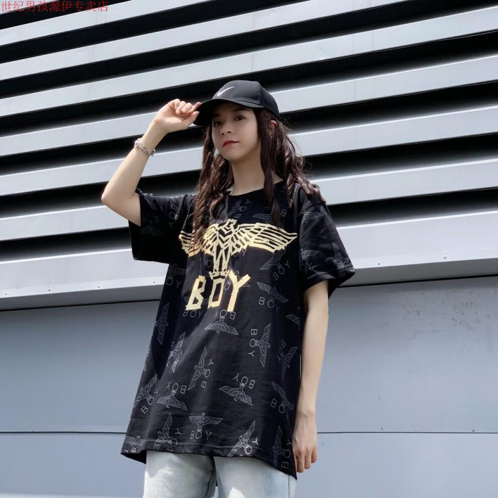 centuryboy潮牌boy纯棉短袖女满印烫金老鹰圆领宽松t恤女百搭情侣半袖