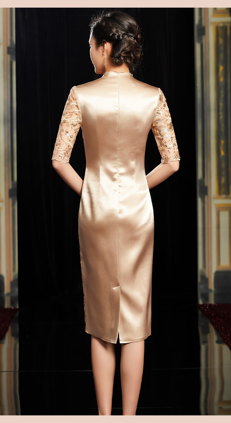 bianyemu香槟色喜婆婆婚宴装年轻妈妈婚宴礼服旗袍高贵结婚连衣裙晚