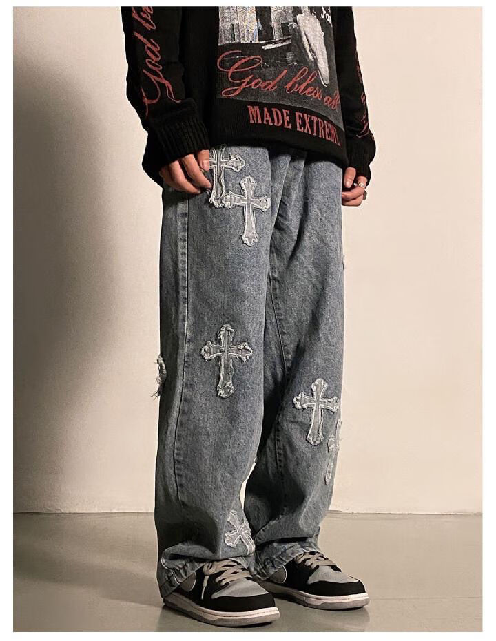 合法外星人裤子高街十字架贴布嘻哈牛仔裤男痞帅炸街直筒宽松阔腿长裤