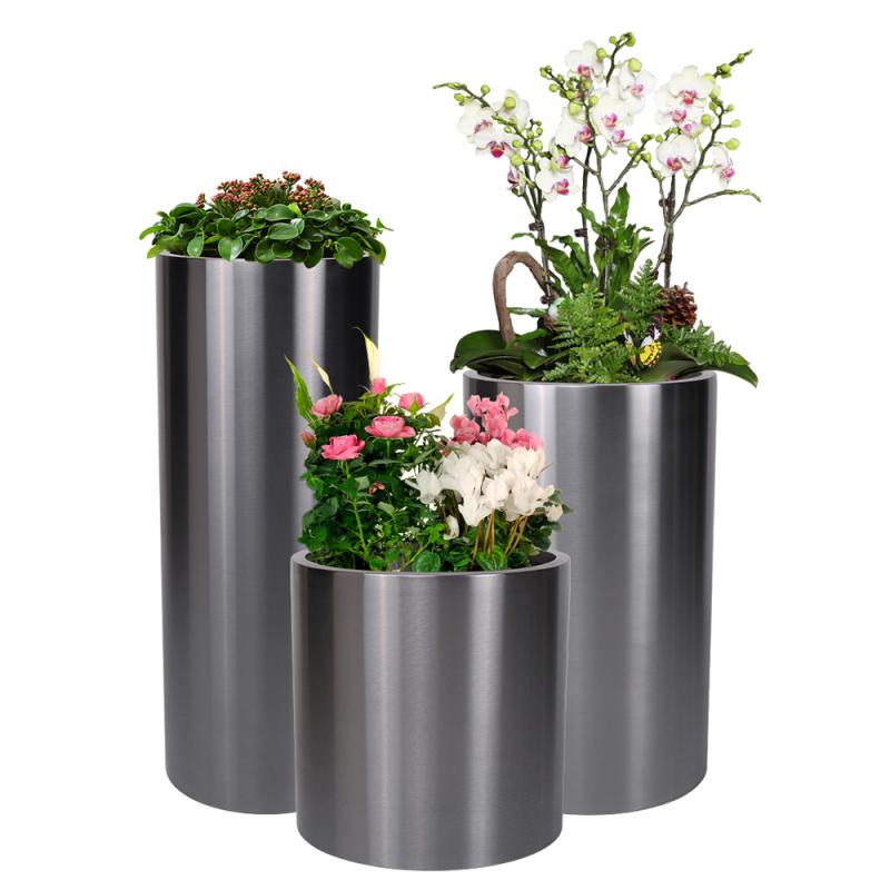 春枝韵花器 圆柱形不锈钢花盆组合 大型落地金属花器 创意花钵花瓶