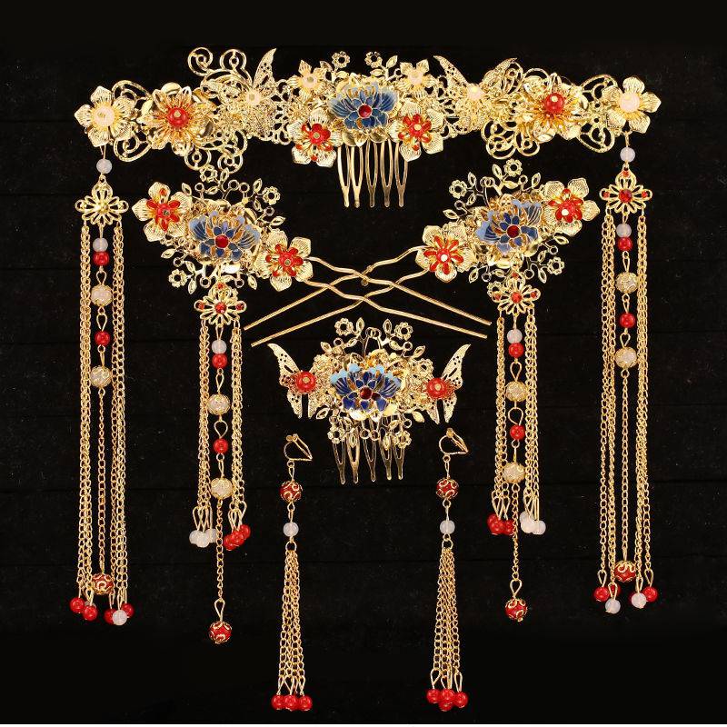 秀禾服头饰批发新娘中式汉服套装流苏龙凤褂发饰结婚红色古装凤冠 35