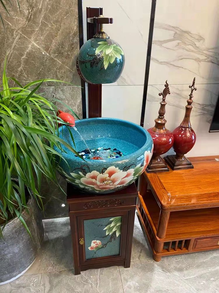 瓷缸陶瓷柜式玉兰花金鱼鱼缸落地门海缸家用玄关客厅景德镇养鱼盆