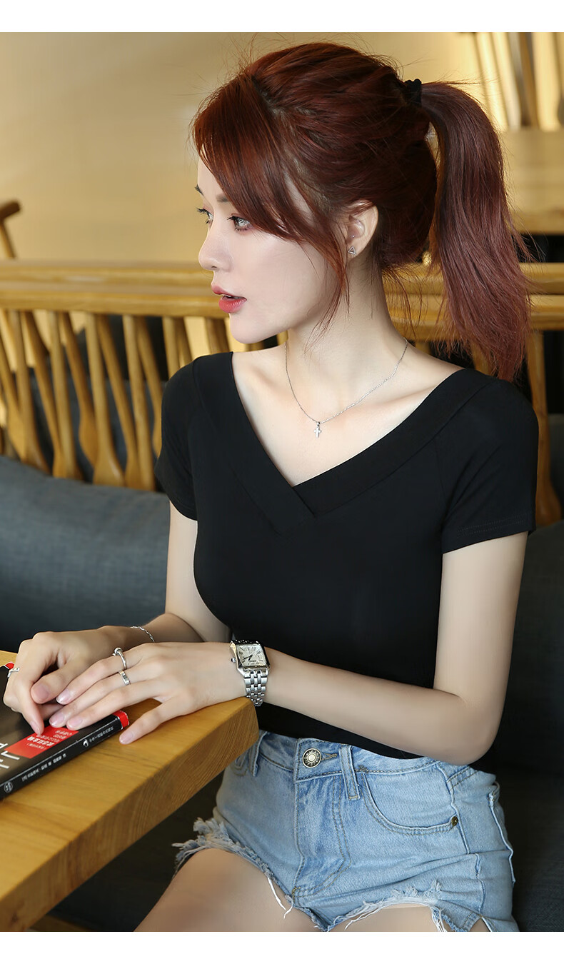 大领口t恤女低领丅血体桖黑色短袖v领修身性感露背上衣半袖体恤2020秋