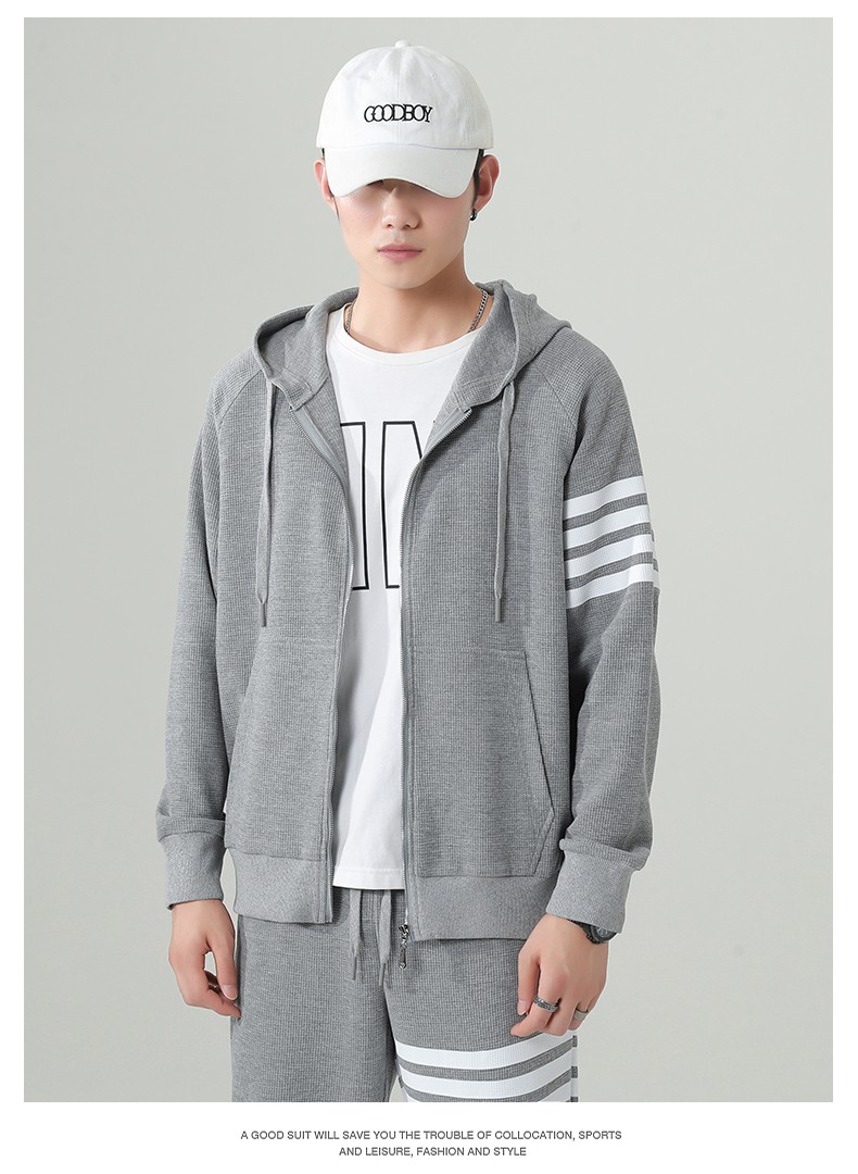 四条杠四道杠tb条纹华夫格卫衣男士运动套装春秋季夹克外套裤子休闲